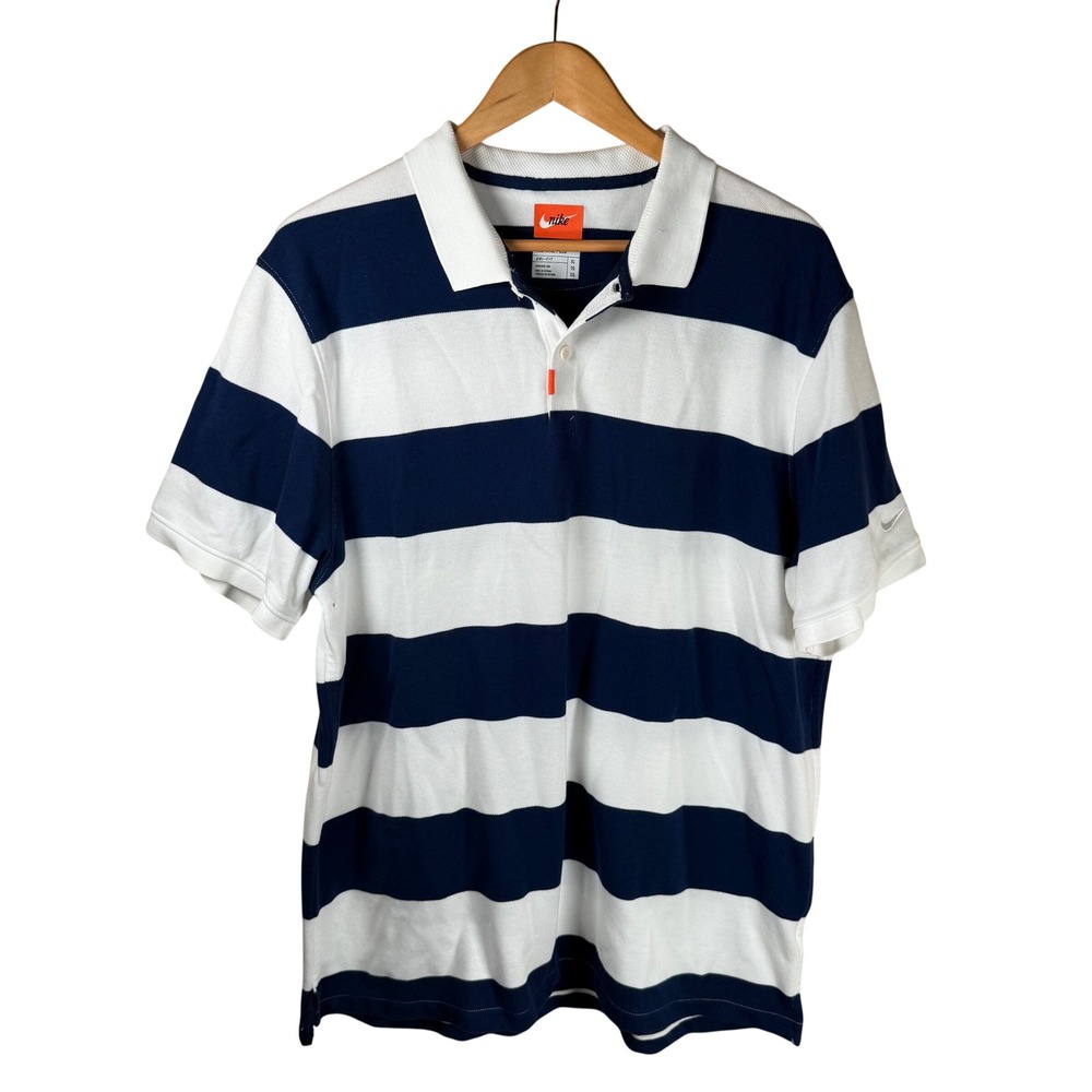 Nike Polo Golf Shirt Mens XL‎ White Navy Blue Striped Dri-FIT Pique Short Sleeve